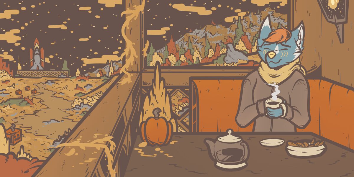 Freem sipping tea in an autumn café booth