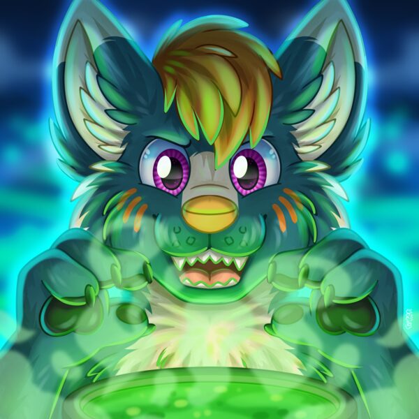 Freem grinning over a glowing green cauldron