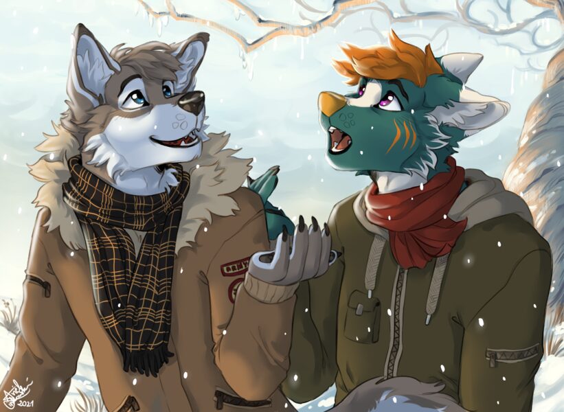 Freem and Georgie in winter jackets and scarves, watching the snow fall
