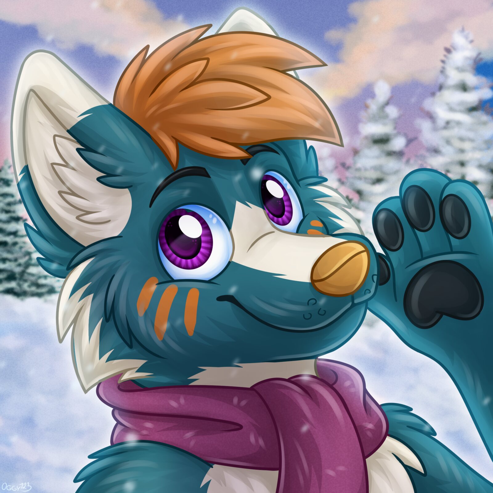 Freem, a teal husky with an orange fringe and violet eyes, waving in the snow with a magenta scarf